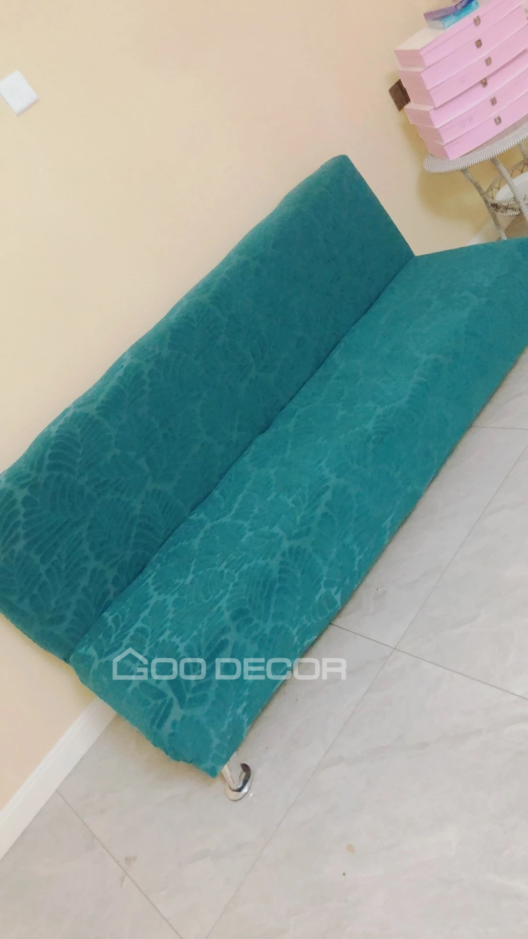 Bọc sofa bed vải nhung họa tiết lá màu xanh cổ vịt