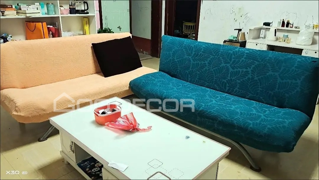 Sofa bed bọc vải nhung họa tiết lá màu kem